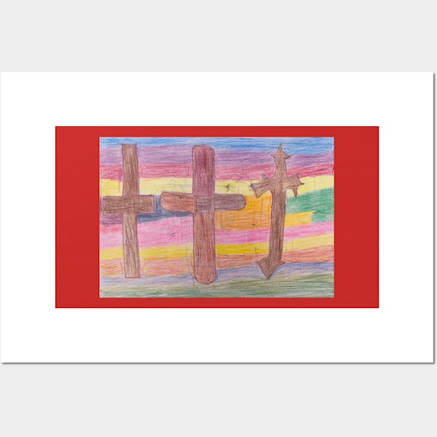 Three Wooden Crosses with Rainbow Background Wall Art by PodmenikArt